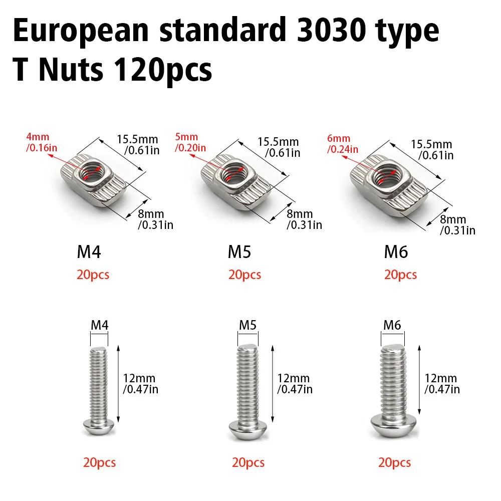 120-Pcs T-Slot Nuts  Hex Bolt Set for 3030 Aluminum Profiles, Suitable for All Series Industrial Aluminum Extrusions