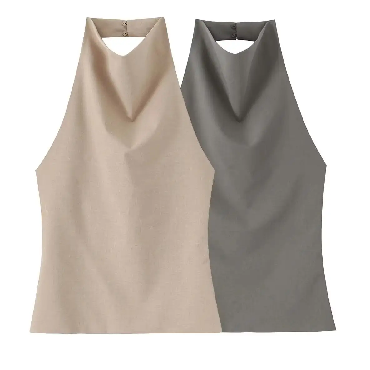 KONDALA Chic Elegant Solid Pleated Y2K Backless 2025 Woman Vest Neck-mounted Slim Fashion Top Mujer Casual Sexy Folds Tank Tops