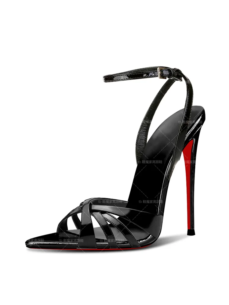 

Summer new pointed patent leather sexy 12cm cross belt red sole sandals banquet thin heel large size high-heeled women's shoes