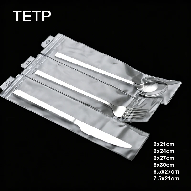 TETP 50Pcs Clear PVC Ziplock Bags With Hang Hole Long Multipurpose For Spoon Fork Chopsticks Jewelry Accessories Storage Pouches
