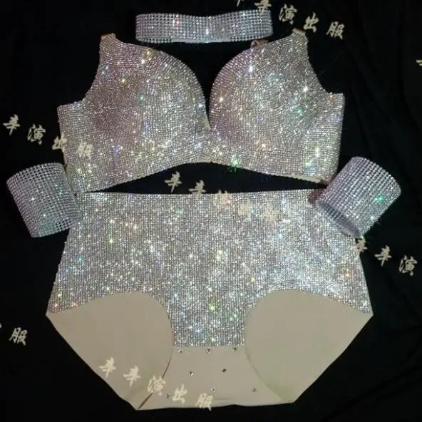 

Nightclub Sexy Dance Performance Underwear Rhinestones Cover Bra Panties Suit Women Shiny Bar Sexy