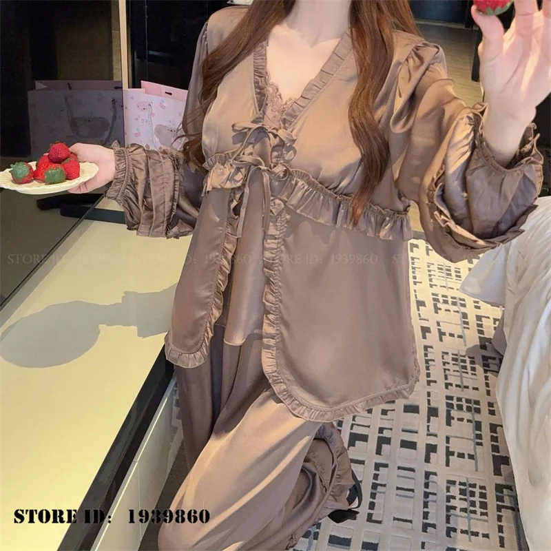 Elegant French Style 3PCS Pajamas Set Sleepwear Spring Autumn New Ice Silk Nightwear Ruffle Cardigan Cami Trouser Suits Homewear