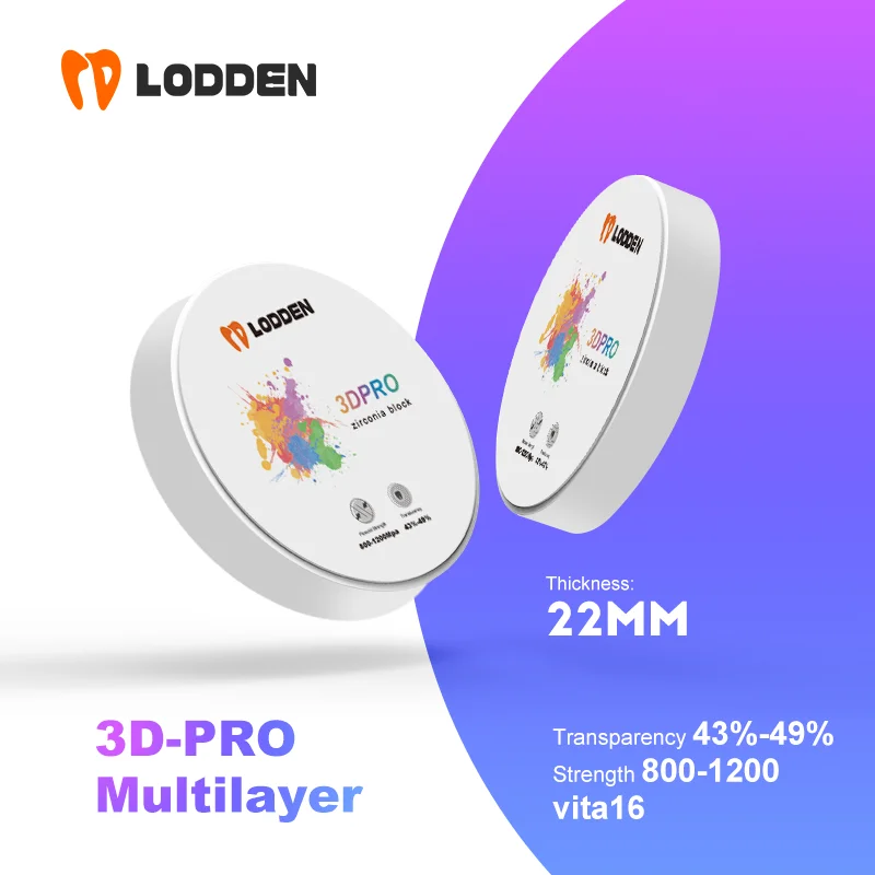 

Материал LODDEN для стоматологической лаборатории, циркониевый блок 3D Pro 98*22 мм, 16-цветный блок для стоматологической CAD CAM, прозрачность 43-49%, прочность 800-1200