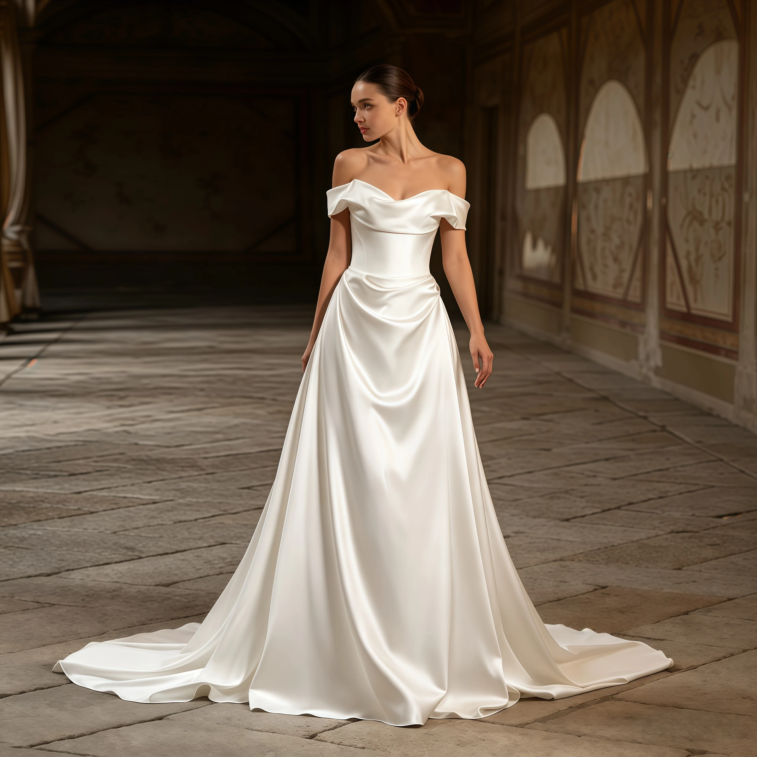 Customized Satin A-line Bridal Gown Off-shoulder Sweetheart Neck Backless Button Detail Floor-length with Delicate Brush Train