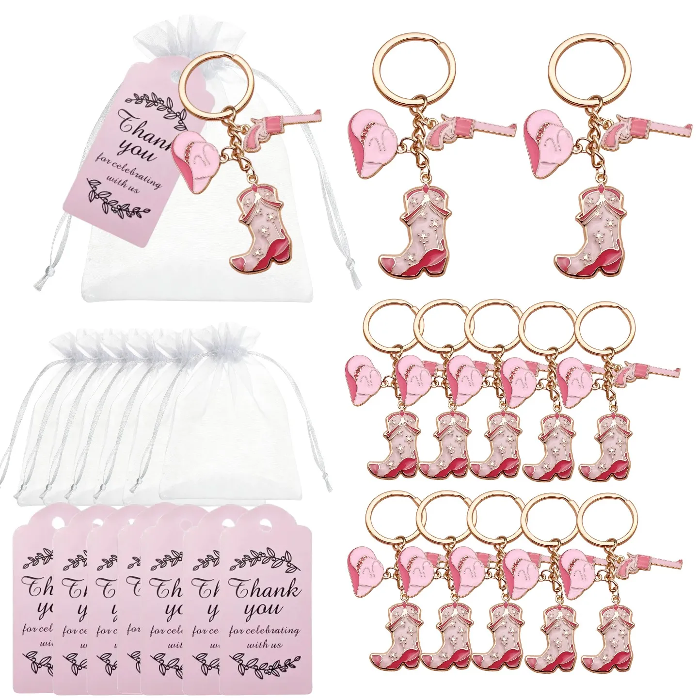 36pcs/12set Western Cowgirl Keychain Party Favors - Hat & Boot Charms Metal Keyrings, Cute Country Star Boot Hat Keychains with