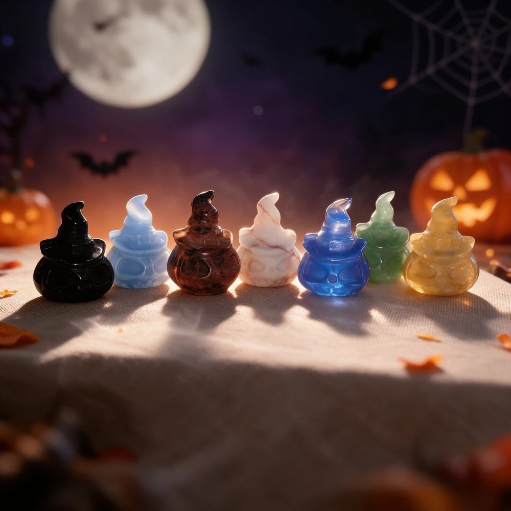 Natural Pumpkin Ornament Mini Crystal Pumpkin with Wizard Hat Sculpture Halloween Tabletop Decoration Party Favor Craft Gift