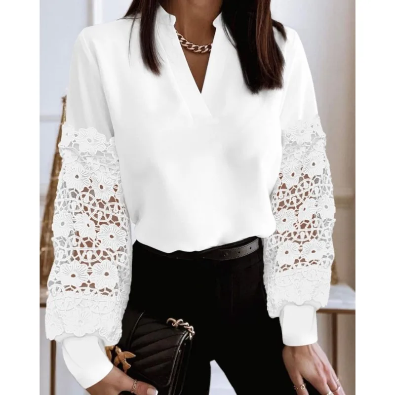 Elegant Sexy Hollow Out Lace Floral Embroidery Shirts Female Fashion V Neck Long Lantern Sleeve Loose Blouse Street Style Shirts