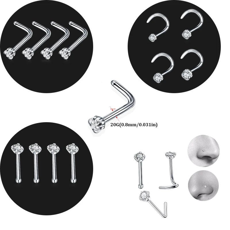 8 stücke 1.5/3/2/2/3mm Zirkonia Nase Piercing Schmuck Nasen stecker, i l geformte glänzende Kristall knochen Nasenloch Piercing Schmuck