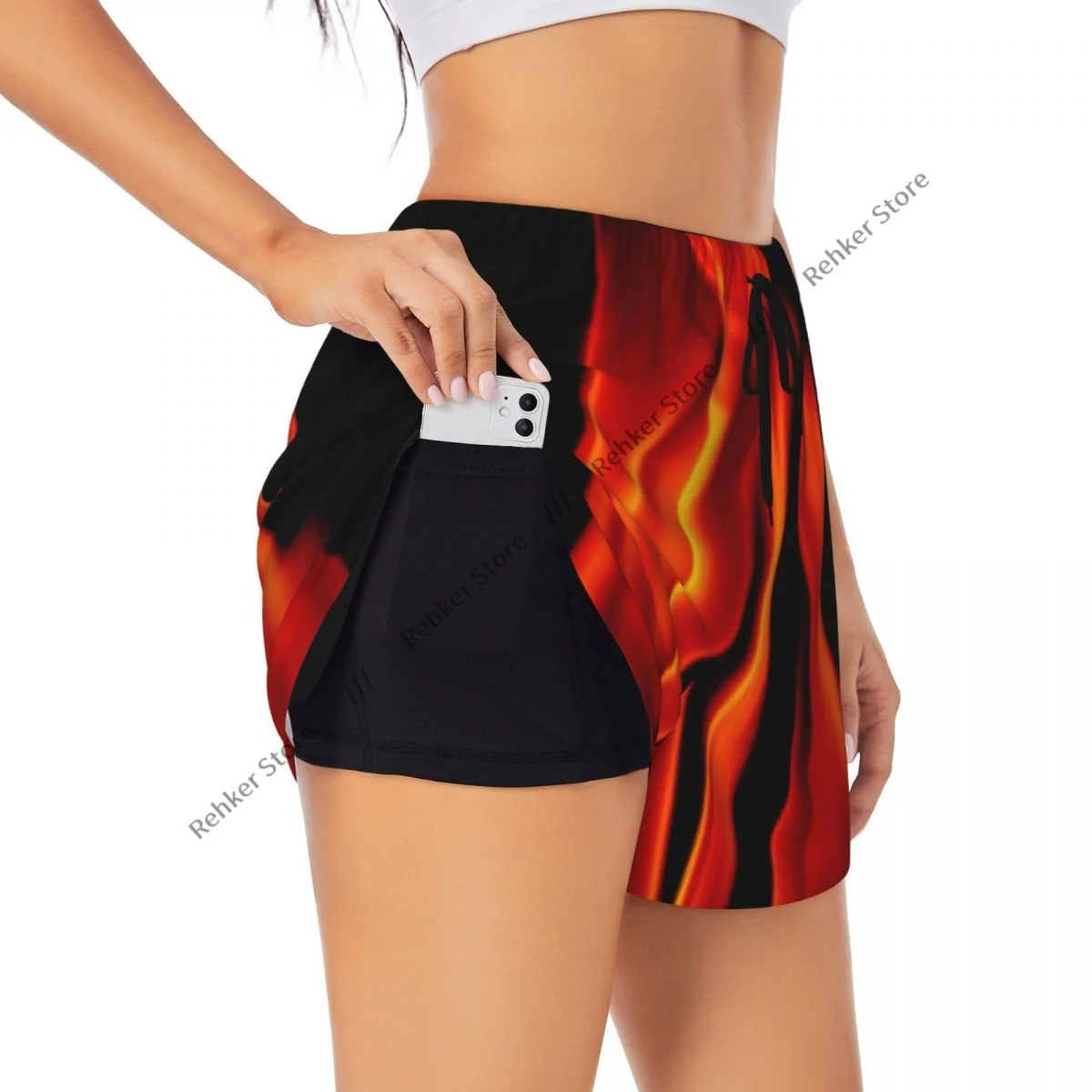Women's Athletic Shorts Fire Flames Background Running Yoga Fitness Quick-Dry Badminton Training With Pocket