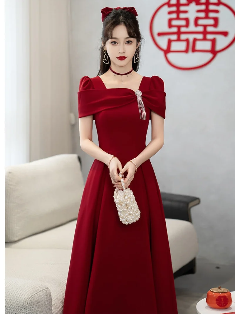 Temperament Robe Women's Solid Color Spring Summer New Square Collar Long Sleeve  A-line Long Dresses Fashion Female Vestidos