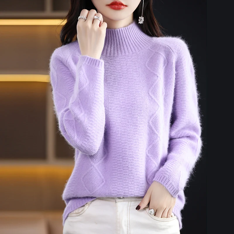 Autumn and Winter Semi-Turtleneck Authentic 100% Mink Cashmere Sweater Women\'s Loose Plus Size Jacquard Knit Base Hot Jumper