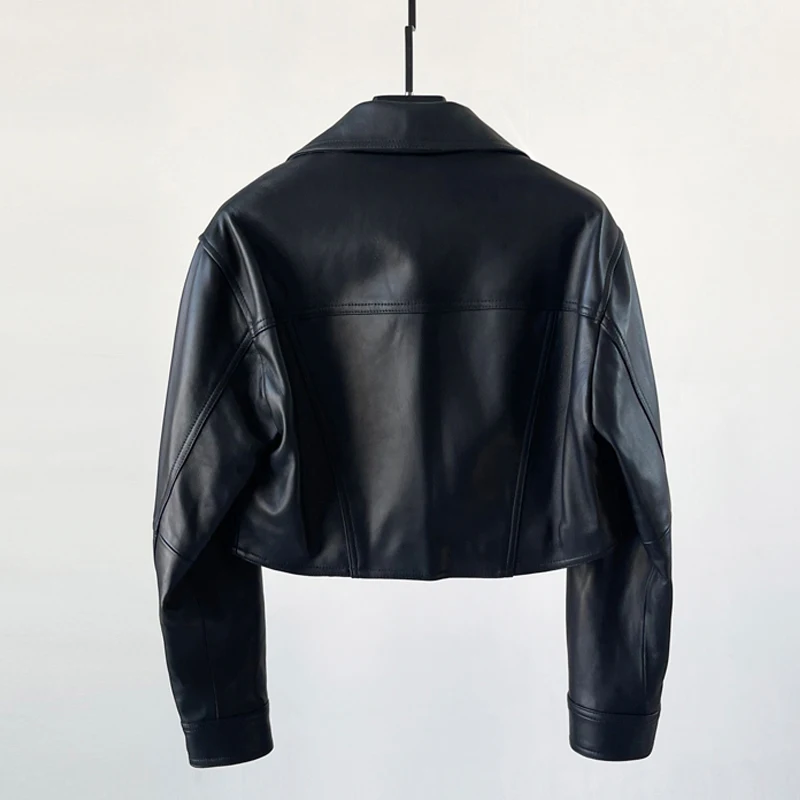 100% 진짜 가죽 재킷 여성 짧은 양피 오토바이 코트 2025 싱글 브레스트 여성 streetwear 슬림 피트 가죽 자켓
