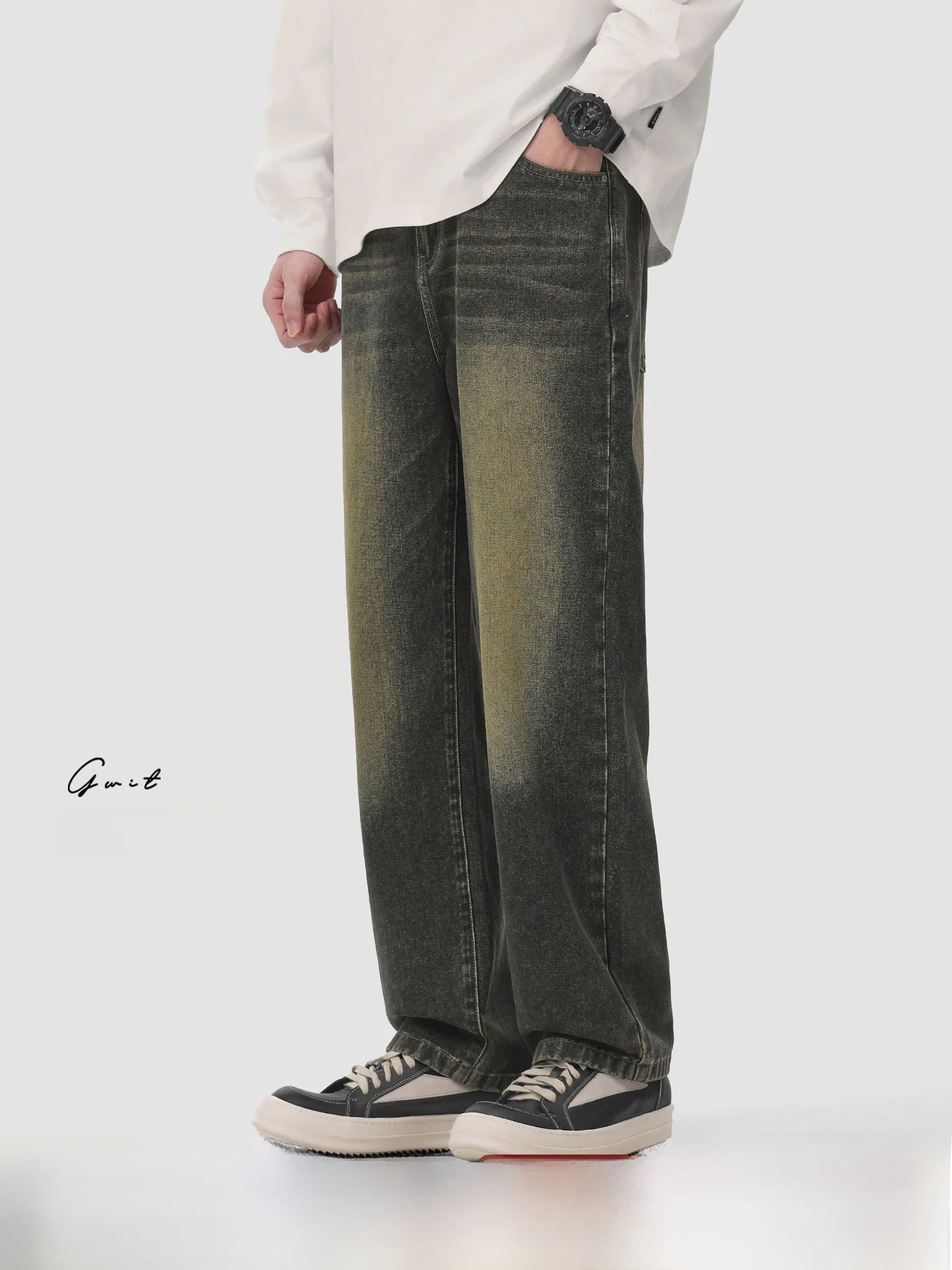 

Мужские джинсы GWIT в американском винтажном стиле, плотные, с эффектом потертости, для повседневной носки весной и осенью, стандартный крой