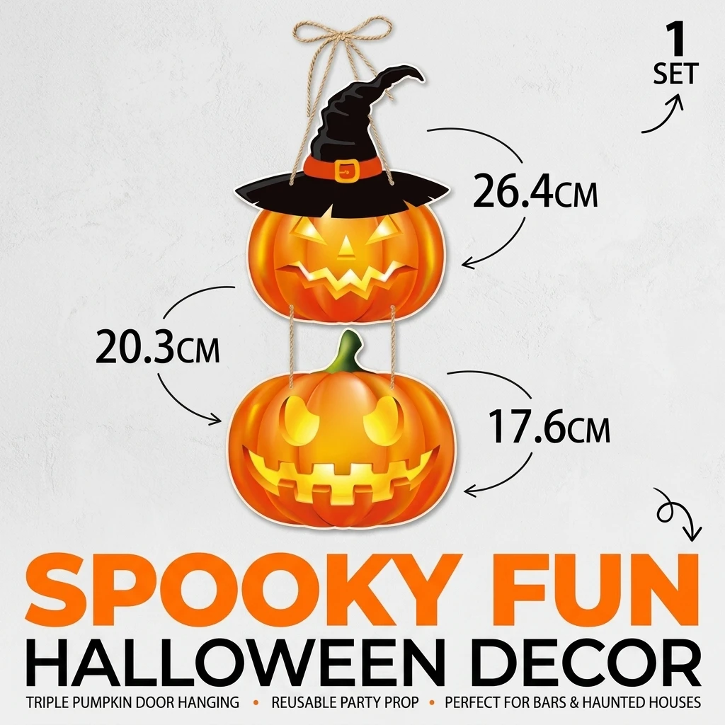 Halloween Hanging Sign 3-Tier Stacked Pumpkin Door Decoration Jack-O-Lantern with Witch Hat for Outdoor Porch Haunted House Bar Party Supplies Spooky Wall Decor Total Height 25 Inches