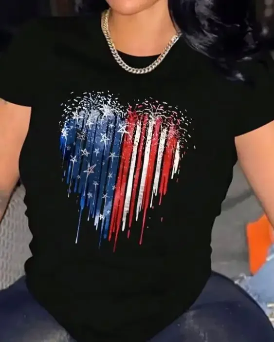 2026 Women 3-Pack Patriotic Holiday T-Shirt Multipack, 4th of July American Flag Heart Graphic Print, Crew Neck Short Sleeve Casual Female Tops, Perfect For Independence Day Party & Daily Outfit