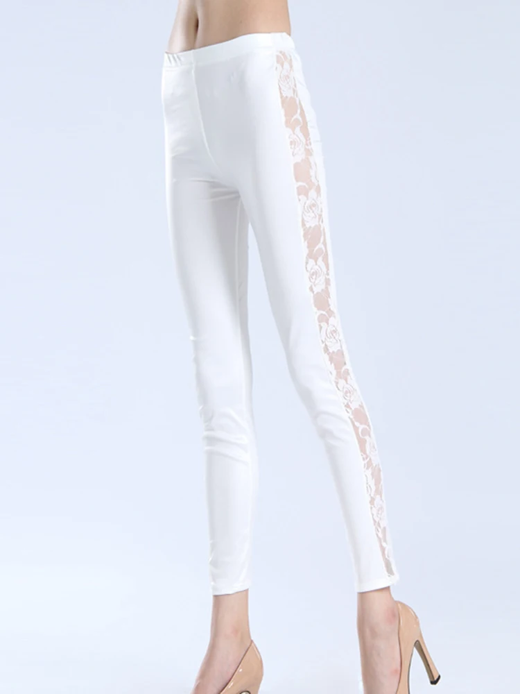 Night Club Wear Faux Leather Leggins Hot Lace Sexy Leggings Women Side Hollow Out Flower Black White Red Casual Pants