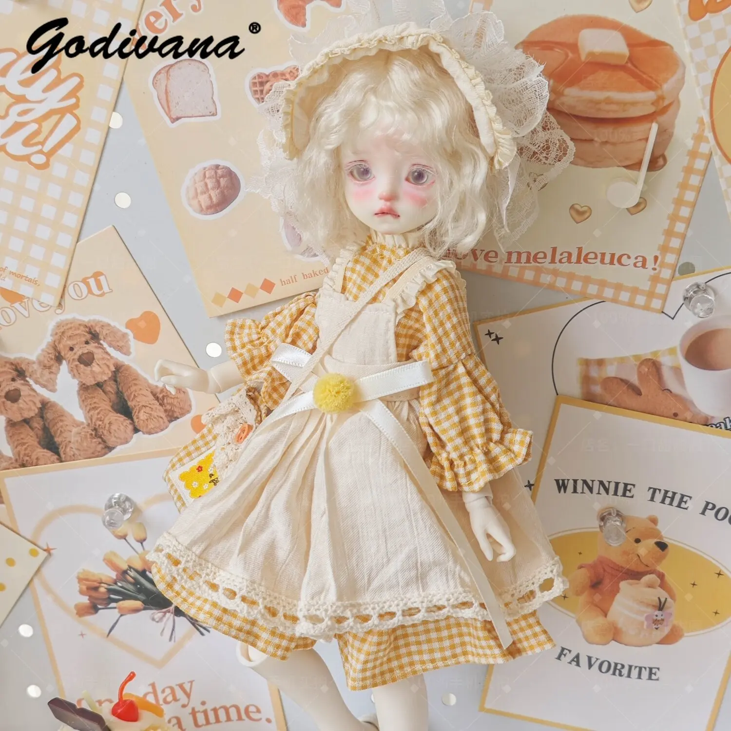 1/6 BJD Doll Clothes Sweet Cute Pastoral Forest Yellow Plaid Flare Sleeves Dress with Ruffle Trim Apron Messenger Bag 4pcs Set
