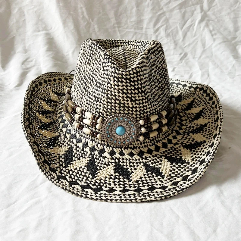 Handcrafted Two-Tone Straw Hats, Unique Ethnic-Style Western Cowboy Straw Hats, Black and White Two-Tone Woven Beach Hats