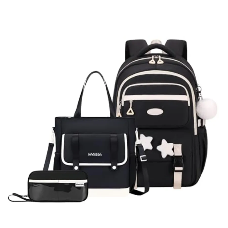 

3Pcs Black Backpack for Girls Teen Girls Backpack Set with Tote Bag for Elementary Middle School with Star Pins and Furry Penda