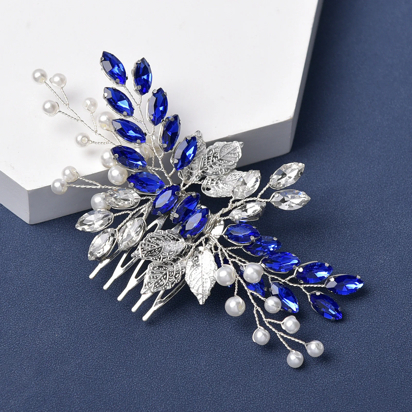 Blue Rhinestone Hair Combs Bridal Hair Jewelry Silver Color Alloy Leaf Hairpins Pearls Hairclips Bride Wedding Headdress