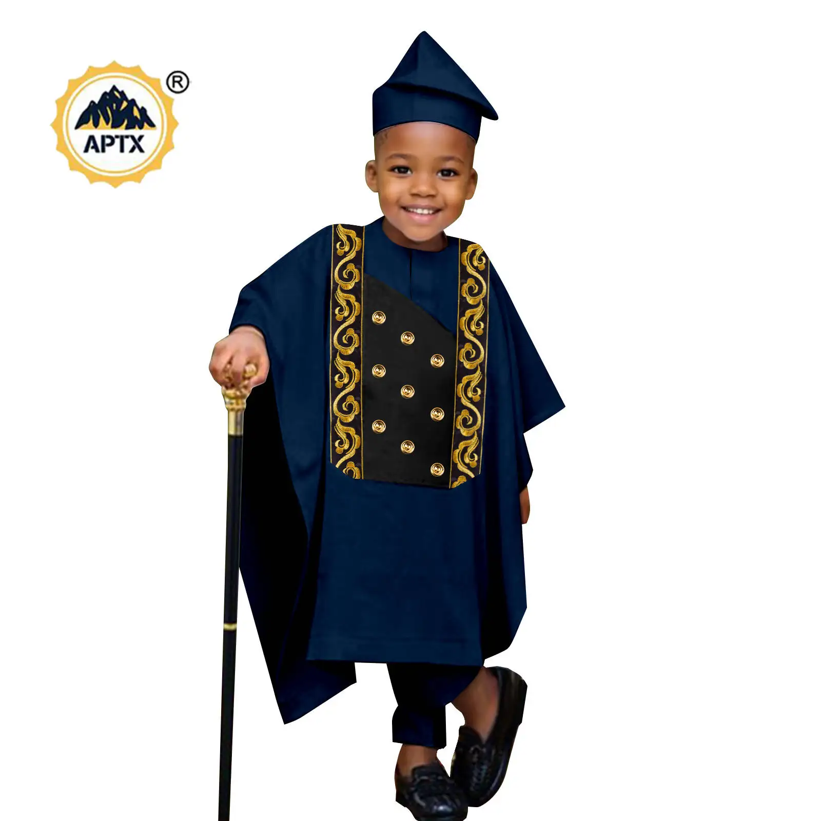 Africa Clothes for Boy Outfits Embroidery Button Robe Top and Pants Matching Hat Bazin Riche Children Kid Muslim Sets 2446044