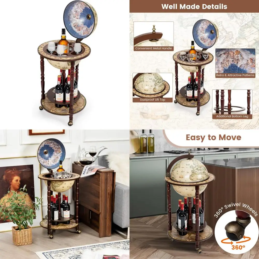 18-inch Antique-Style Globe Bar Cabinet on Wheels with Bottom Shelf and 16th Century Italian Map Replica