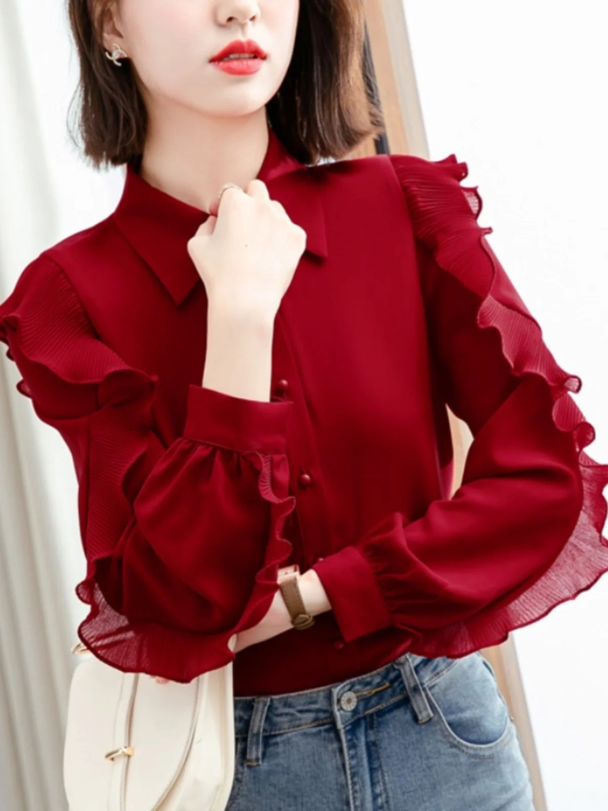 

Ele Red Long Sve шифоновый irt женский топ модный корейский Sle весна осень Новое поступление женская блузка высокого качества