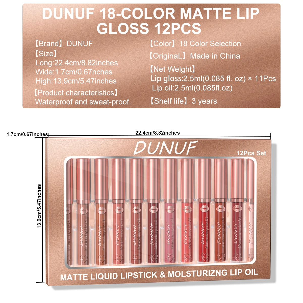 DUNUF 12 Pcs Matte Lipstick Lip Gloss Waterproof Long-lasting Easy Coloring Beginner Friendly Non-stick Cup Shape Non-fading Moi
