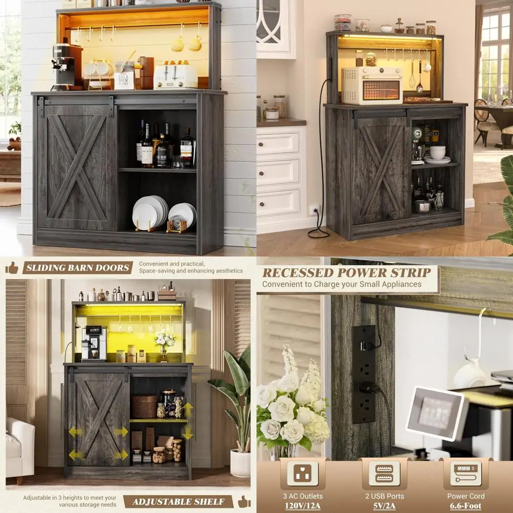 Farmhouse Style Coffee Bar Cabinet with Charging Station, LED Lighting, and Customizable Storage, Charming Buffet Hutch for Mode