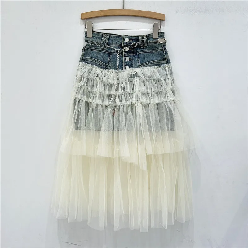 

New Designer Denim Skirt for Women, Summer Slim Fit Spliced Mesh High Waist A-Line Long Skirt