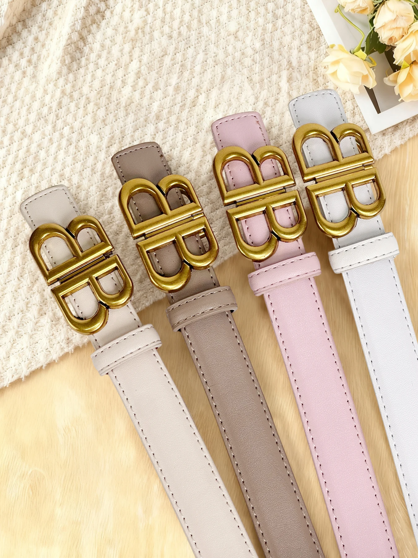 

Minimalist Matte Antique Gold Double-B Letter Buckle woman Belt, Multi-Color Adjustable Waist Belt for Office & Casual Wear