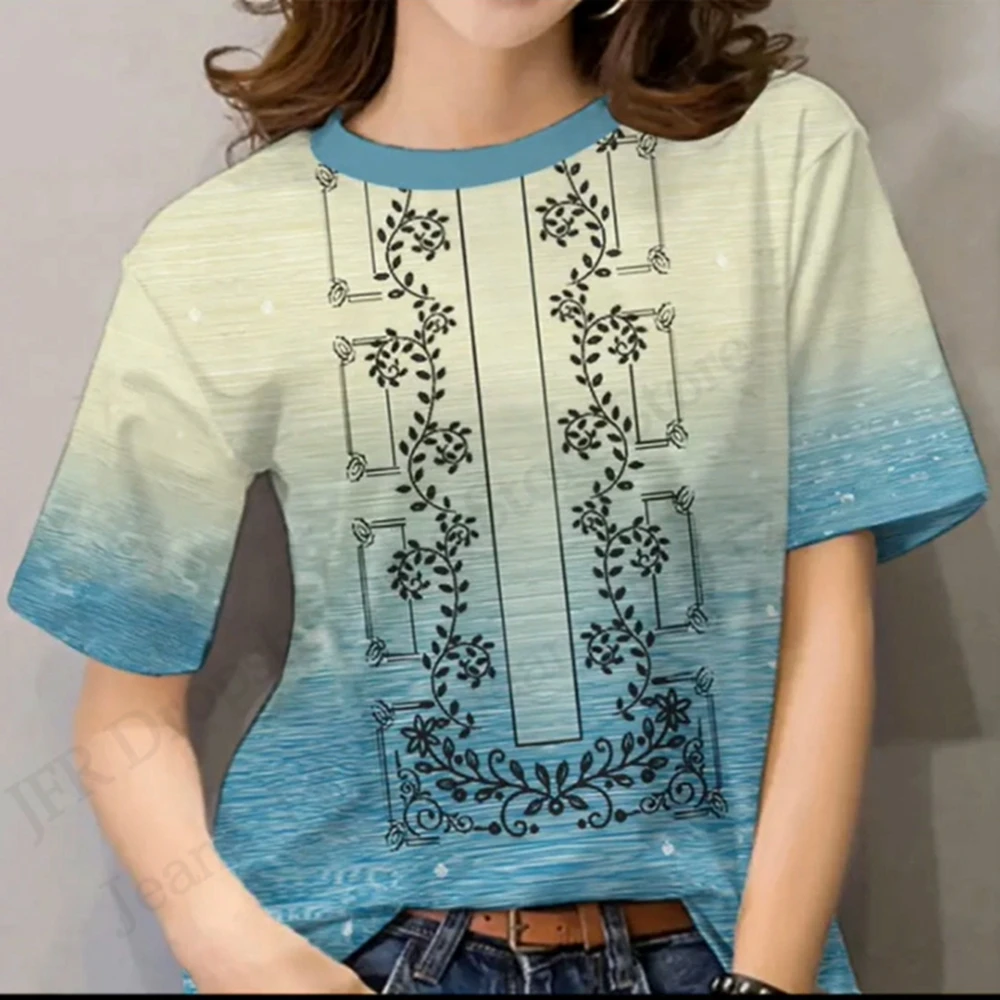 New fashionable women's T-shirt, European and American ethnic style 3D printed T-shirt, casual short sleeved round neck T-shirt