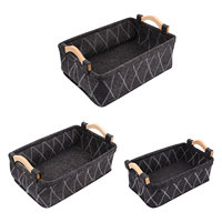 3 pcs Felt Storage Baskets Set of 3 Black Bins with Wooden Handles for Desk Office Cosmetics Holder Makeup Organizer