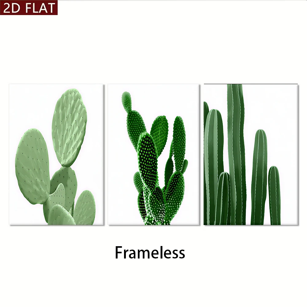 3PCS Frameless,1 set of triptych cactus modern minimalist living room bedroom entrance green plants frameless decorative paintin
