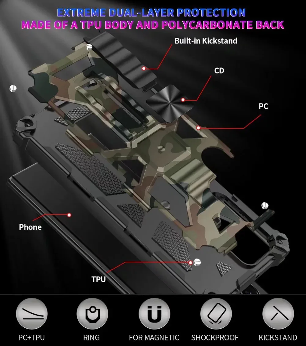 Camouflage Armor Case For Samsung Galaxy S23 S22 Ultra S21 S20 FE 5G TPU Frame Hard Plastic Hidden Kickstand Phone Back Cover