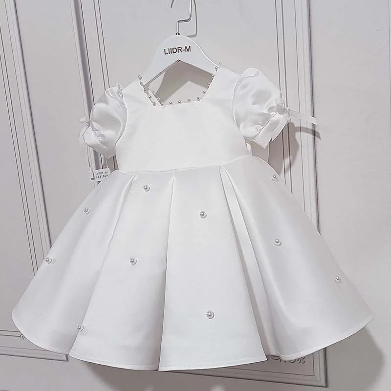 White Satin Tulle Baby Girl Dress Toddler Girls Infant 1 Year Birthday Party Puff Sleeve Beads Newborn Baptism Christening Gown