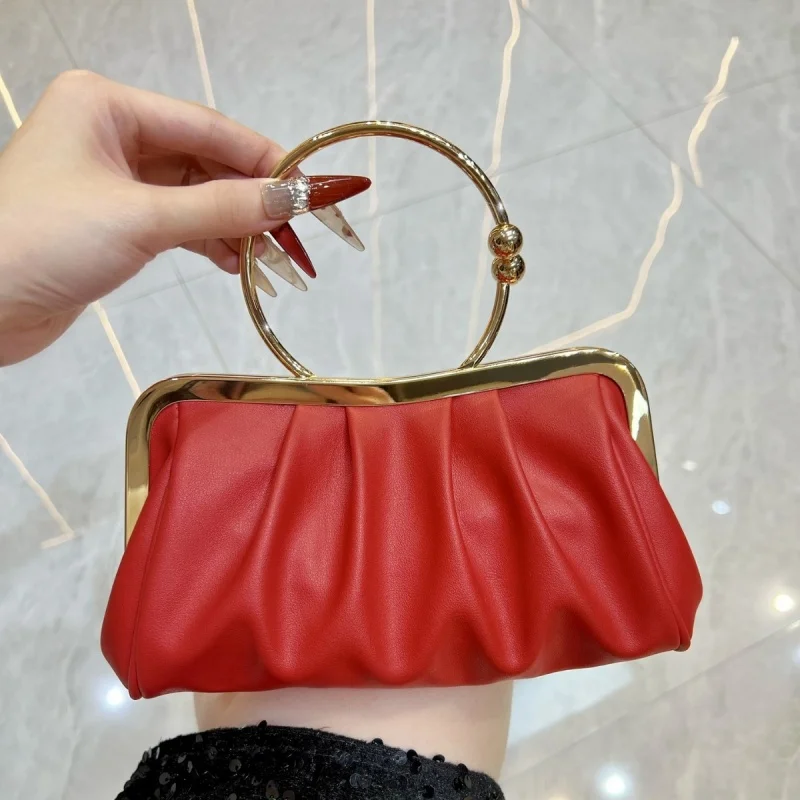

Pleated Handbag Crossbody Evening Bag Fashion Versatile Single Shoulder Women's Metal Ring Shape Clutch Purse Formal Banquet Bag