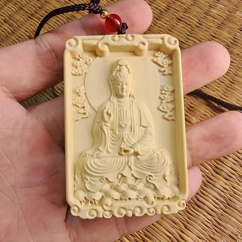 

Natural boxwood carving Guanyin Buddha statue guardian deity Feng Shui auspicious Buddha plaque hanging ornament