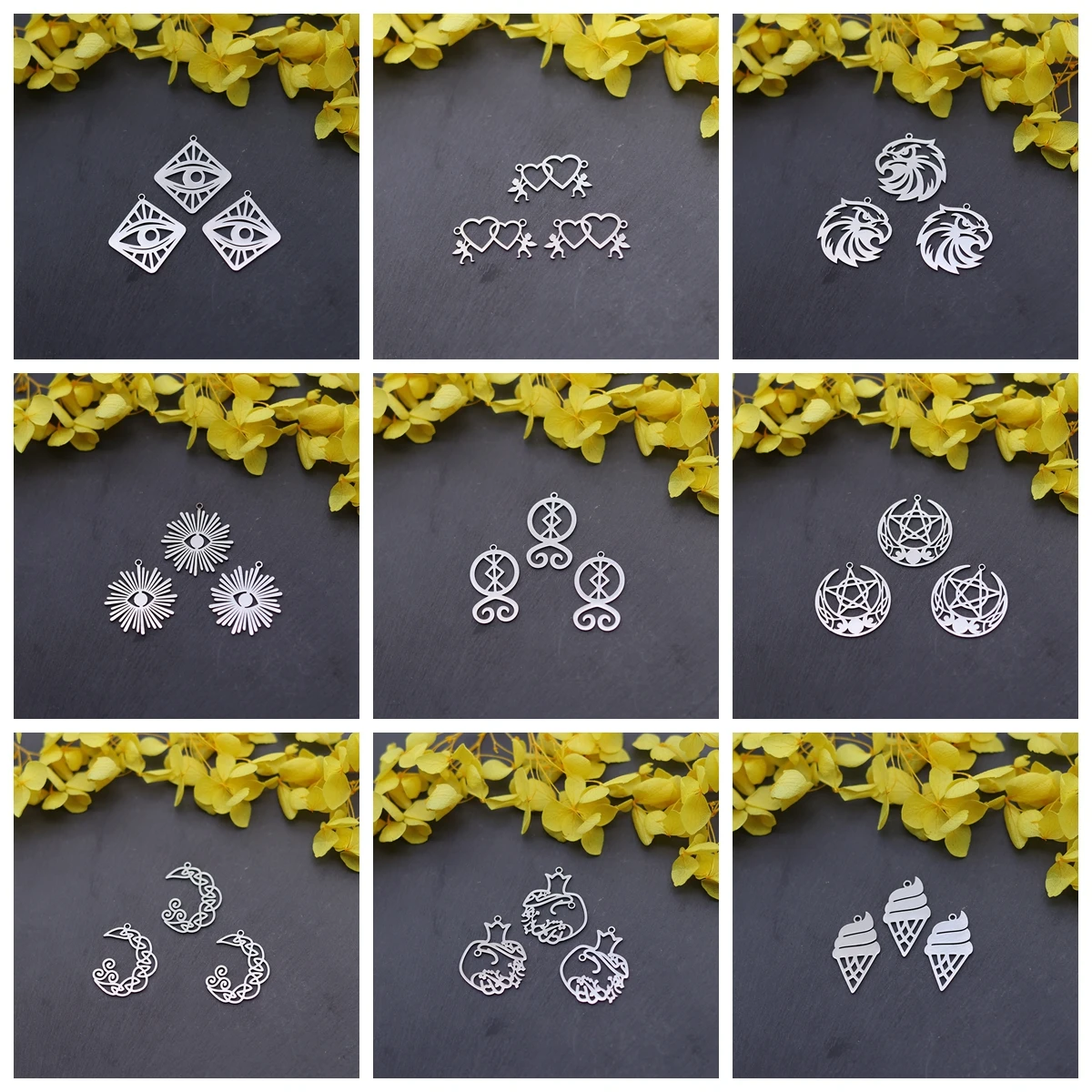 3pcs Witch Celtics Knot Pendant Stainless Steel Eagle Heart Cupid Skeleton Flower Charm For Necklace Earring Jewelry Making