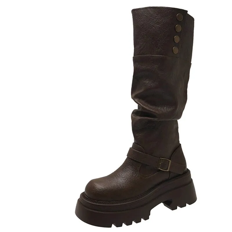 

Vintage Women Knee High Boots Autumn Winter Ladies Causal Thick Heel Knight Long Botas Zapatos De Mujer