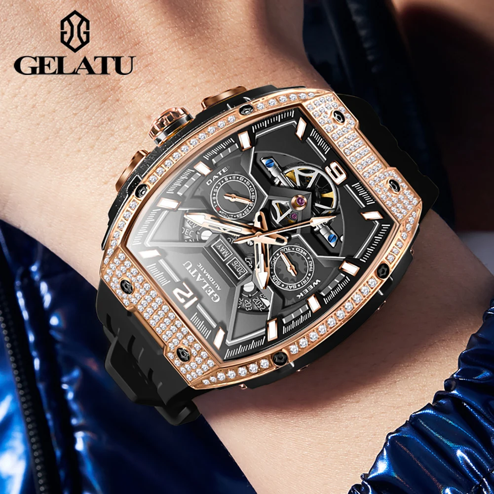 GELATU 6016 Men\'s Watches Full Diamond Hollow Out Skeleton Automatic Mechanical Watch for Men Original Silicone Strap Watch Men