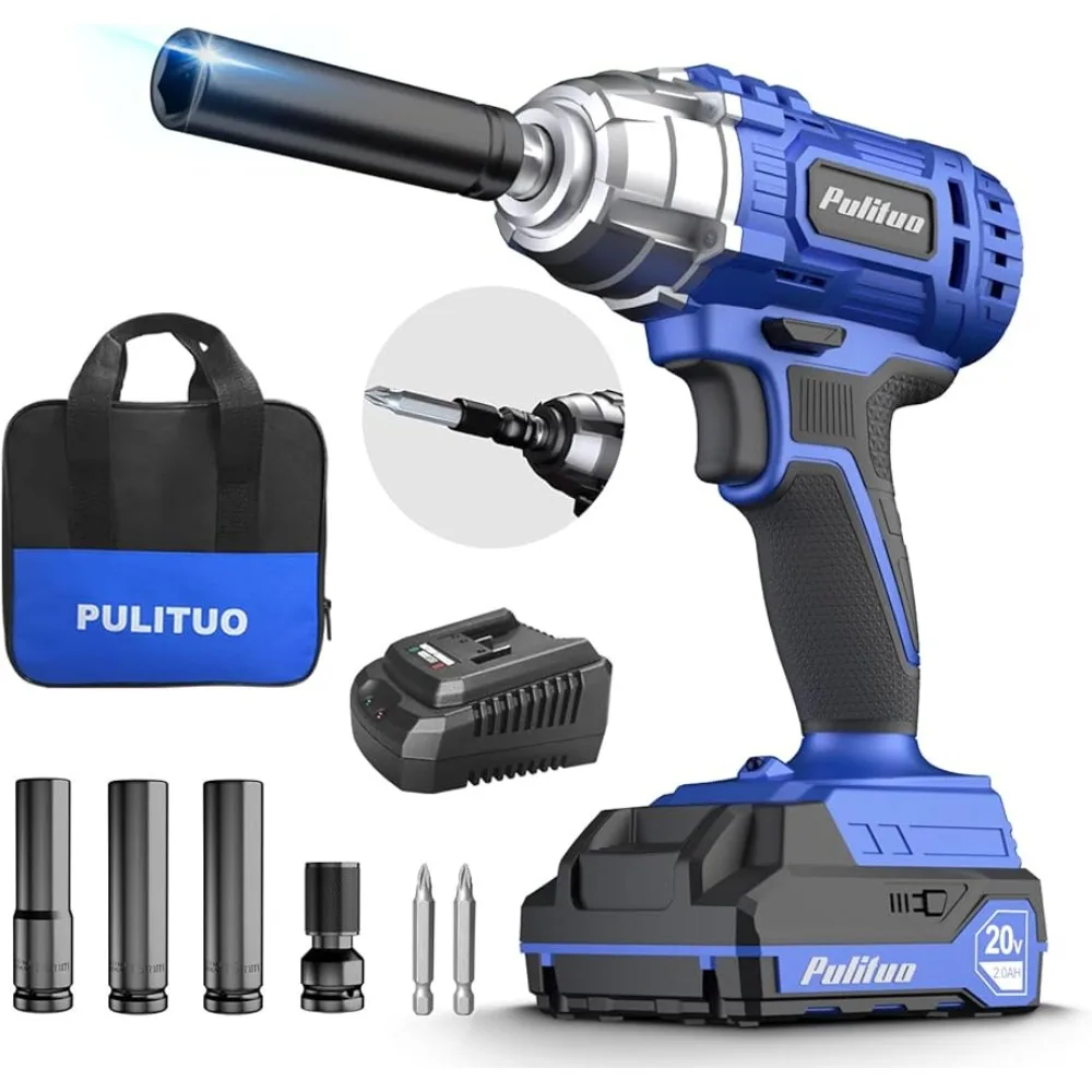 

PULITUO Cordless Impact Wrench 1/2 Inch, 20V Electric Power Impact Gun Lightweight Design, 2000 In-Lbs High Torque，3600 BPM