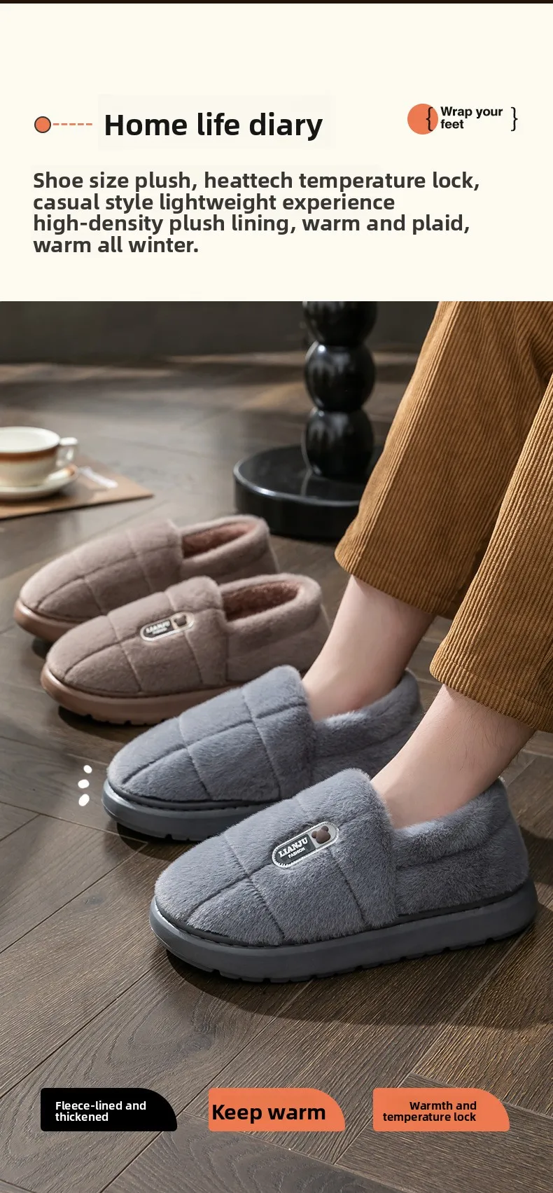 Übergroße 50 51 Winter-Hausschuhe für Damen und Herren mit Dicker Sohle, Warme Paar-Pantoffeln, Rutschfeste Flache Plattform, Damen-Baumwoll-Hausschuhe – Detail 3