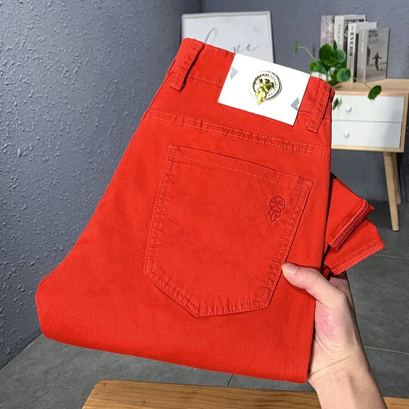 

Red jeans men's slim fit skinny stretch casual trend quality summer thin 2024 New light luxury men's pants