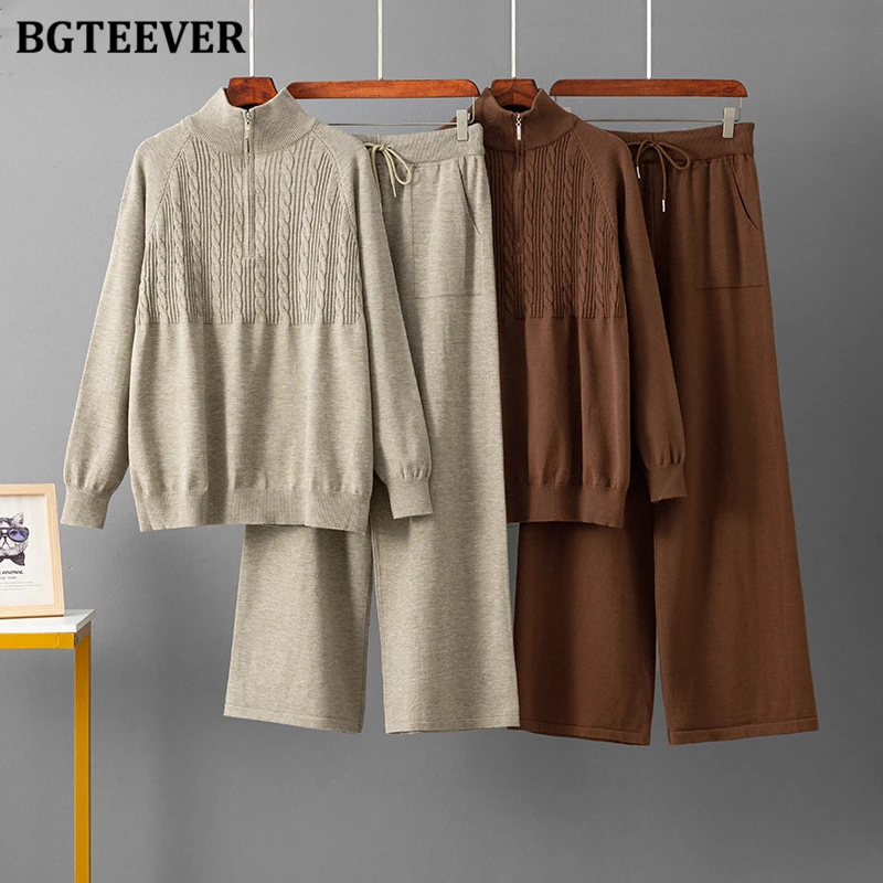 

BGTEEVER Casual Warm Loose Knitted Women Sweater Set Long Sleeve Zipper Up Pullovers & High Waist Drawstring Pants Autumn Winter
