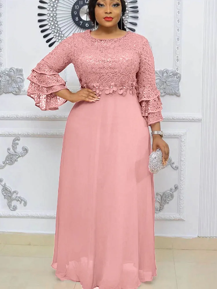 Doyerl-maxivestido de gasa con lentejuelas brillantes para mujer, vestido elegante de celebridad con manga acampanada y cuello redondo, cintura alta, vestidos de fiesta para graduación y Club