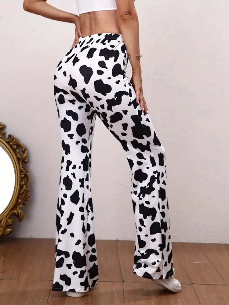 Women's Flared Pants White Milk Cow Printed Sports With Elastic Casual Sexy And Comfortable Pants