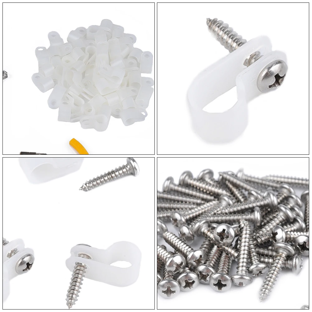 

100 Pcs Plastic Cable Clamp Round Clips R-shaped Mounting Whole Wire Securing Organizer Fastener