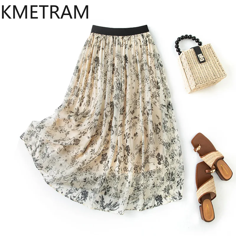 

KMETRAM 100% Real Mulberry Silk Skirts for Women Stylish Floral Print Long Skirt Summer Beach Skirts Woman Clothes 2026 cutecore