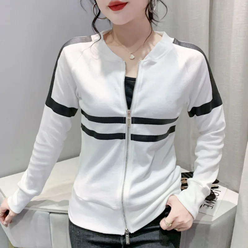 #8013 Black Grey White Short T Shirt Women Zipper Slim Elastic Cotton Printed Tee Shirt Femme Sexy Woman T Shirt Spring Autumn